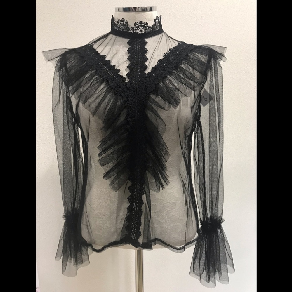 Sheer Black Lace Ruffle Blouse - Women